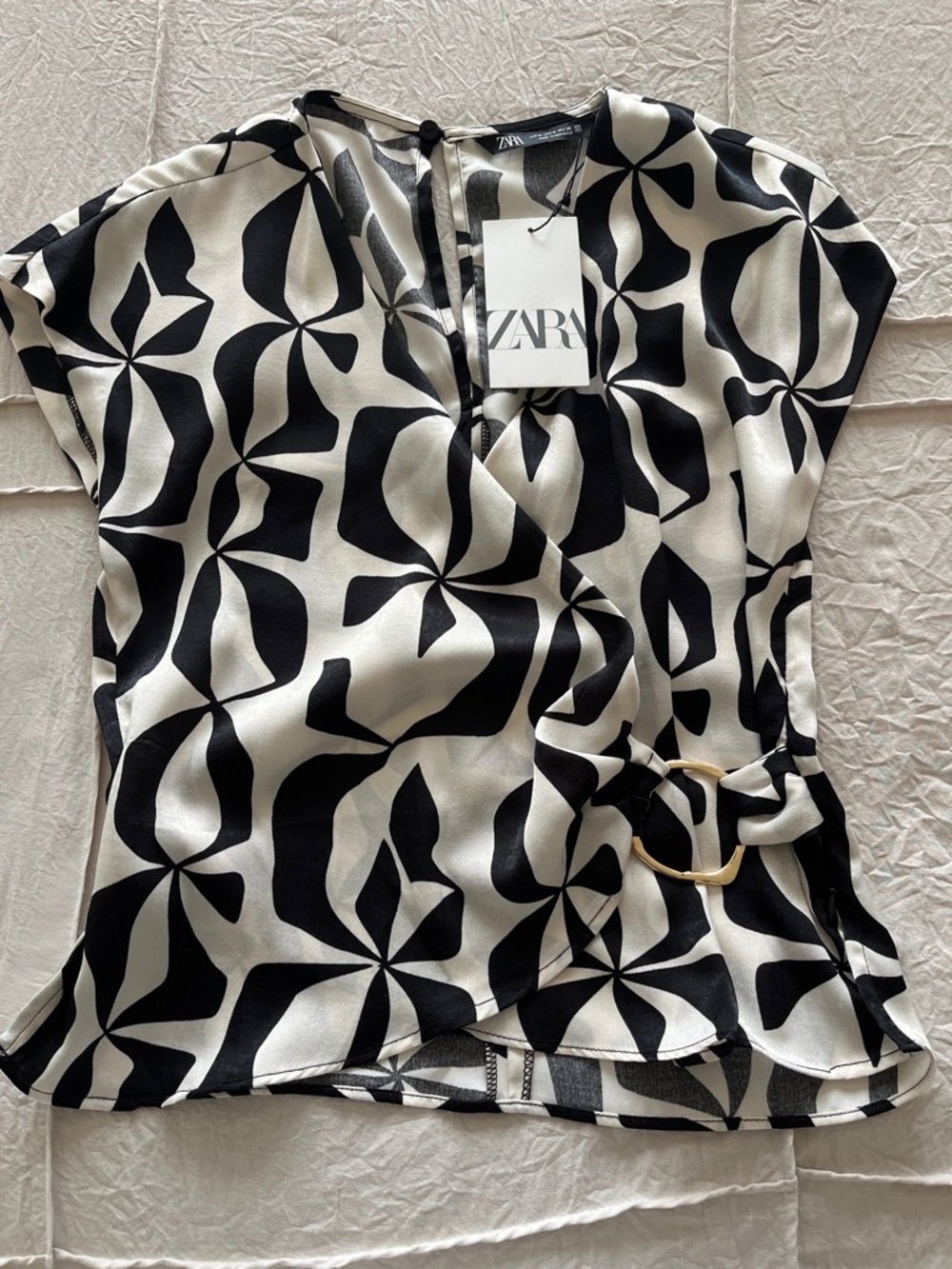 Zara Black & Ivory Floral Wrap Blouse